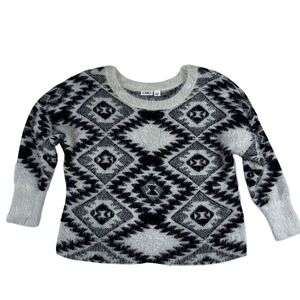 Cato Womens Black White Geometric Fuzzy Eyelash Knit Crop 3/4 Sleeve Sweater L